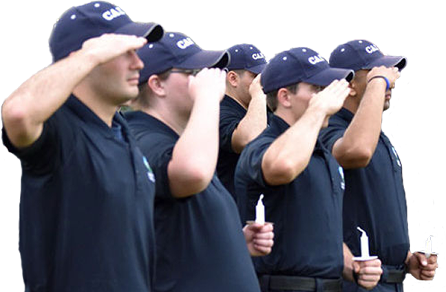 Five individuals in uniform saluting, holding white candles, wearing caps with "CAE" text.