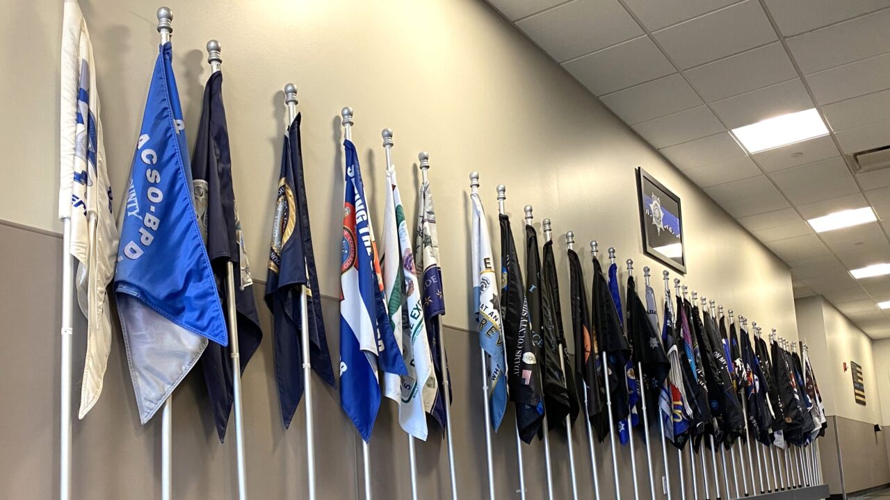 Row of various flags displayed on wall-mounted poles in a hallway.