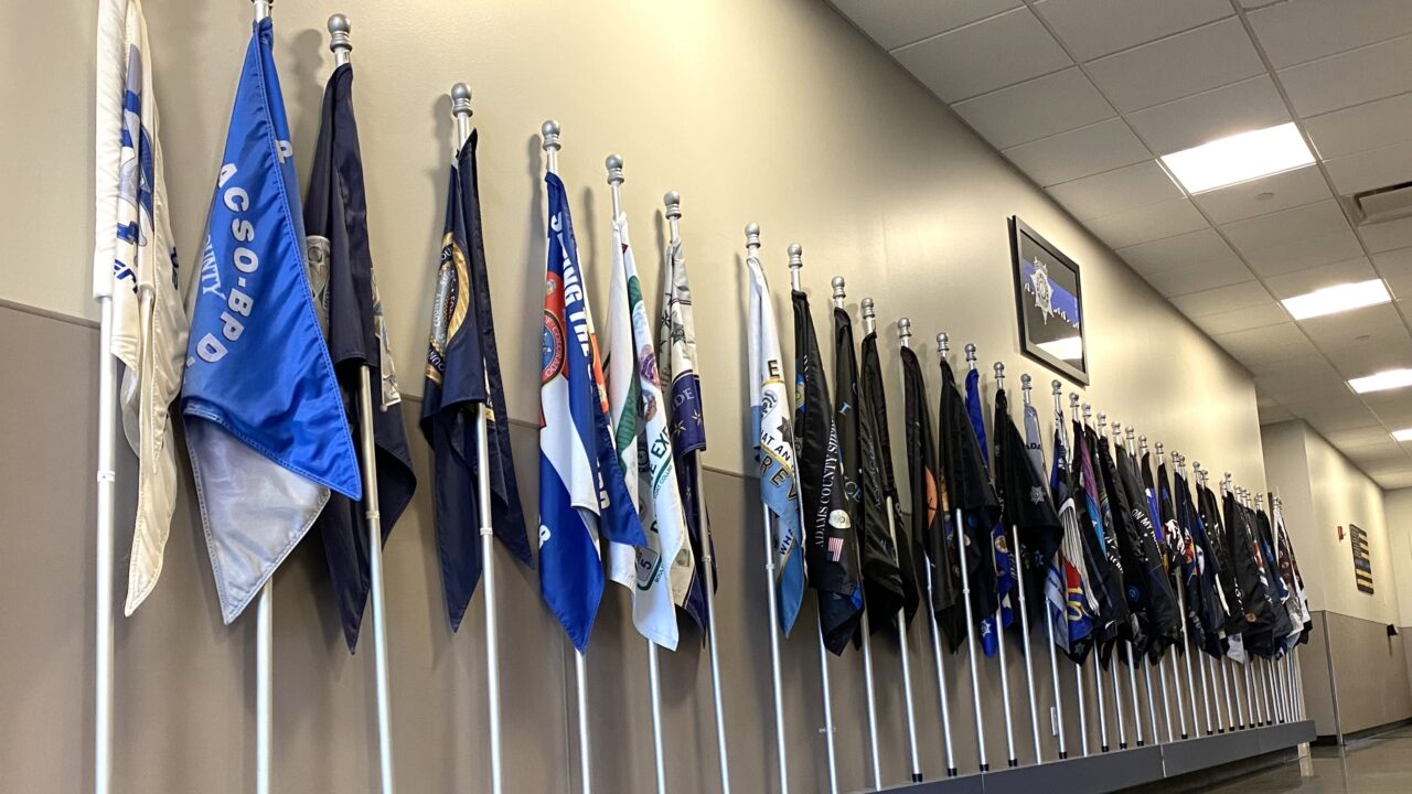 Row of various flags displayed on wall-mounted poles in a hallway.